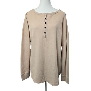 Famulily Women's Beige Waffle Knit Henley Long Sleeve, Sz XL